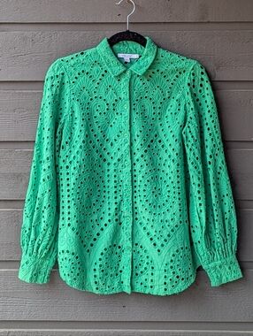 Chico's Kelly Green Eyelet Button-Up Shirt US Women Size 4 / Chico's 0